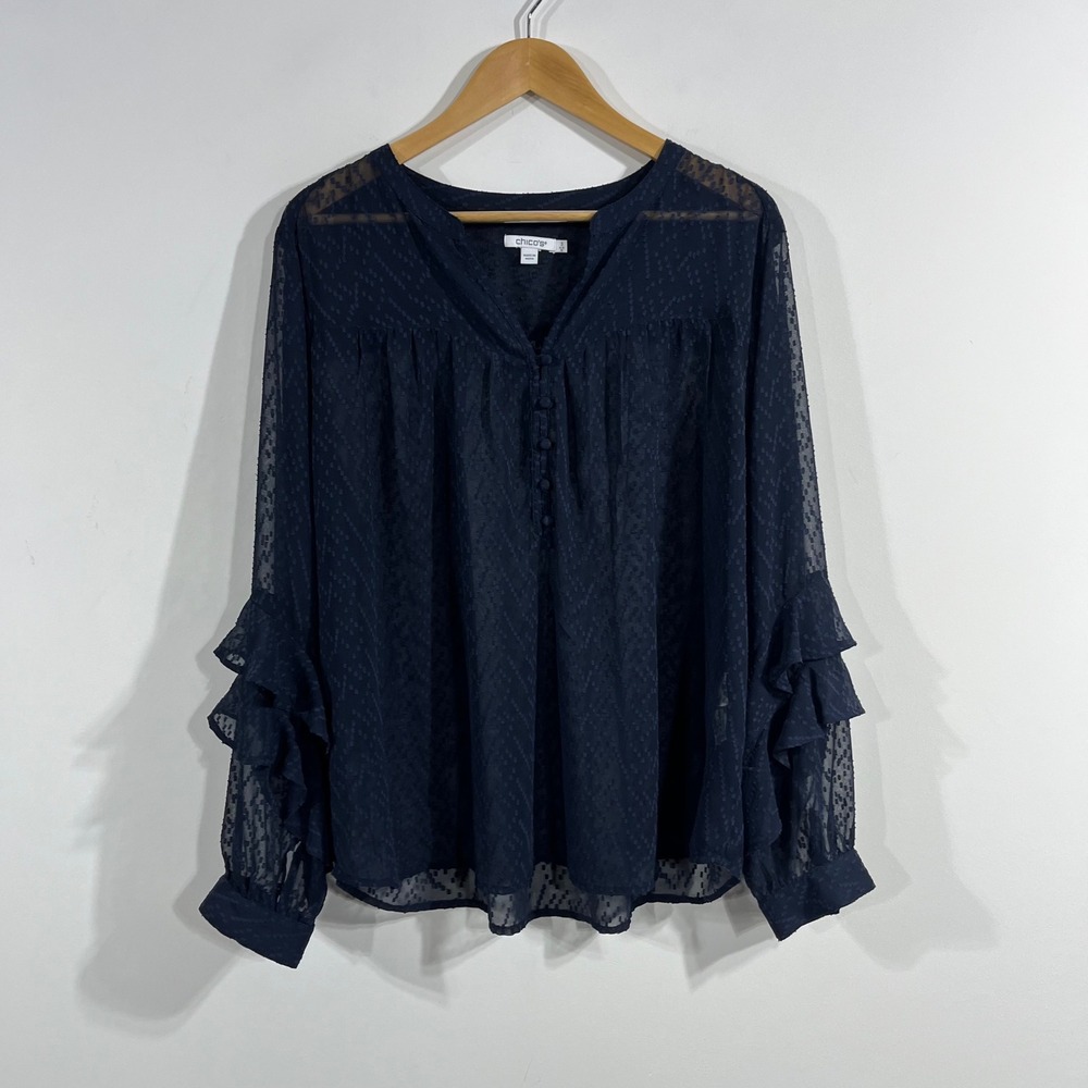 Chicos Navy Dot Ruffle Sleeve Top Womens XL Coastal Artsy Victorian Renfair Boho